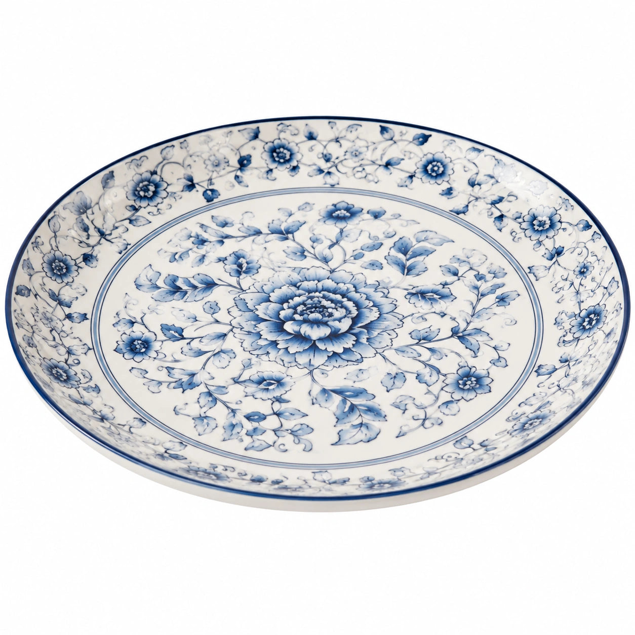 Assiette de service en céramique bleu et blanc à motif floral - Diamètre 30 cm