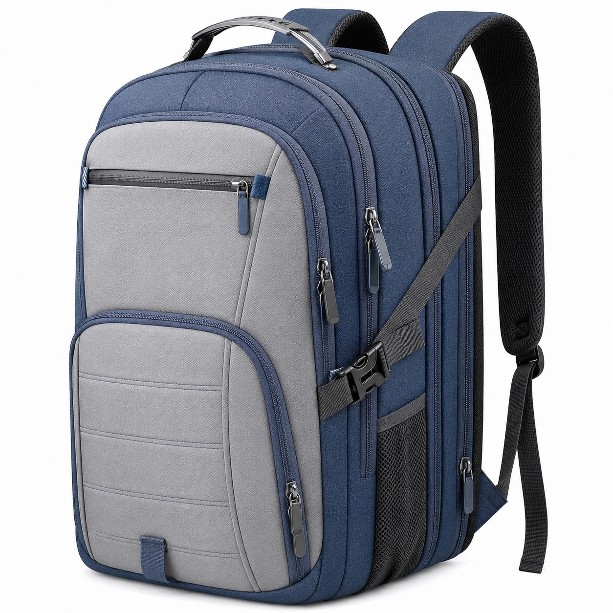 Sac à dos multifonction bleu et gris avec compartiments multiples