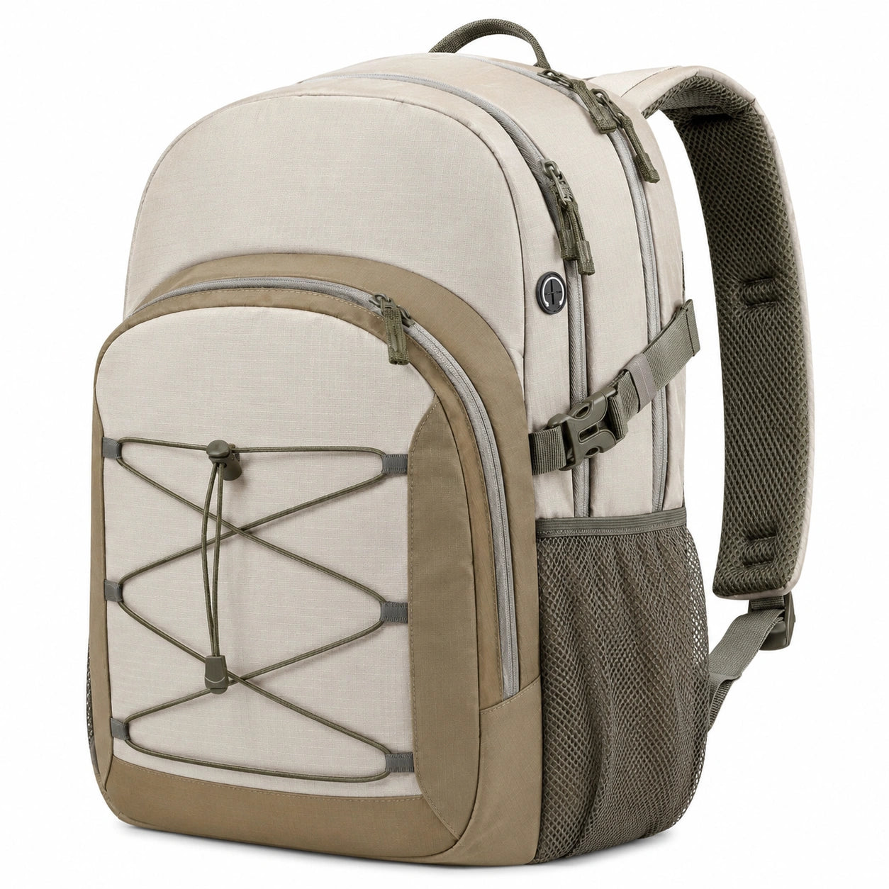 Sac à dos multifonction beige avec poches multiples et sangle de poitrine