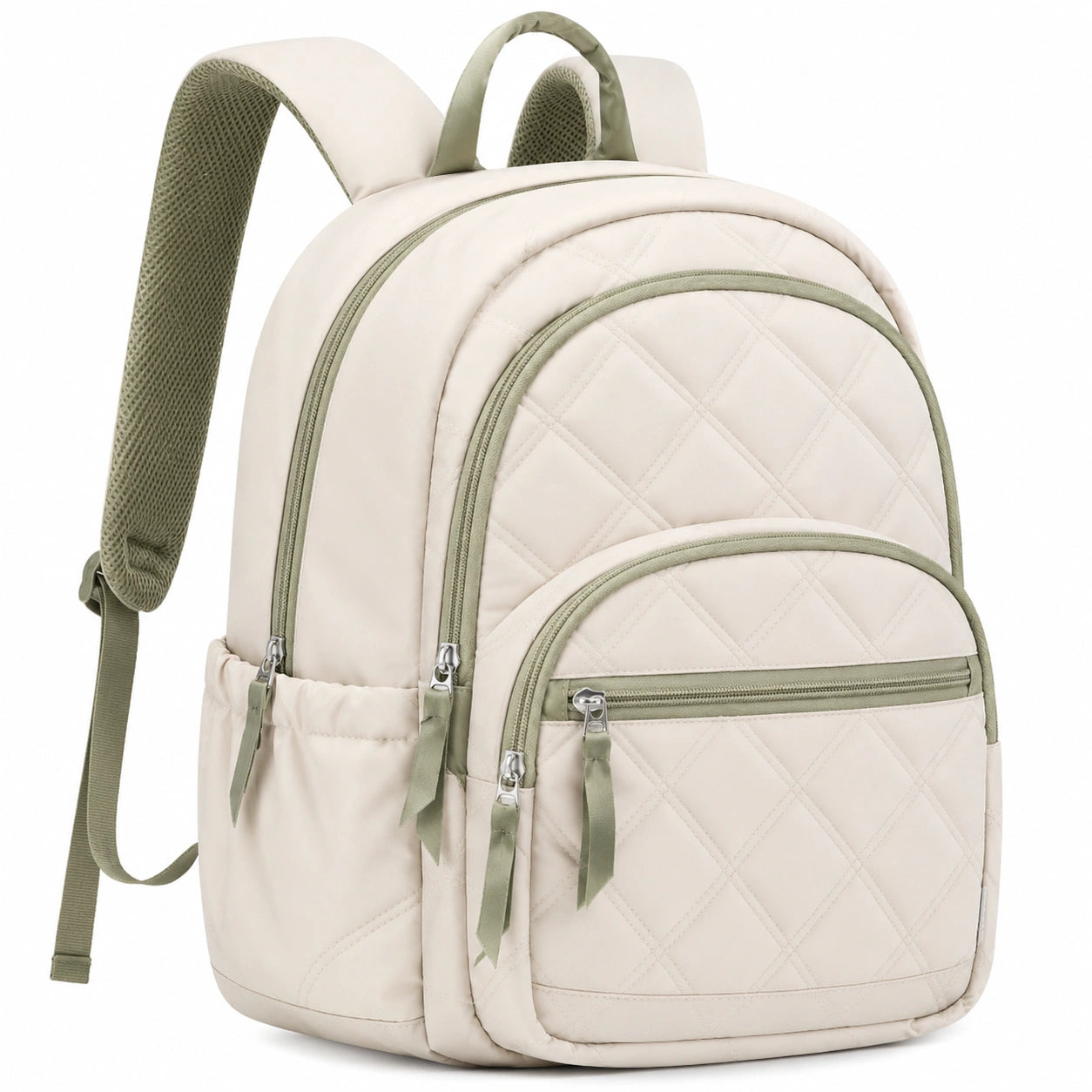 Sac à dos matelassé beige et vert grande capacité unisexe