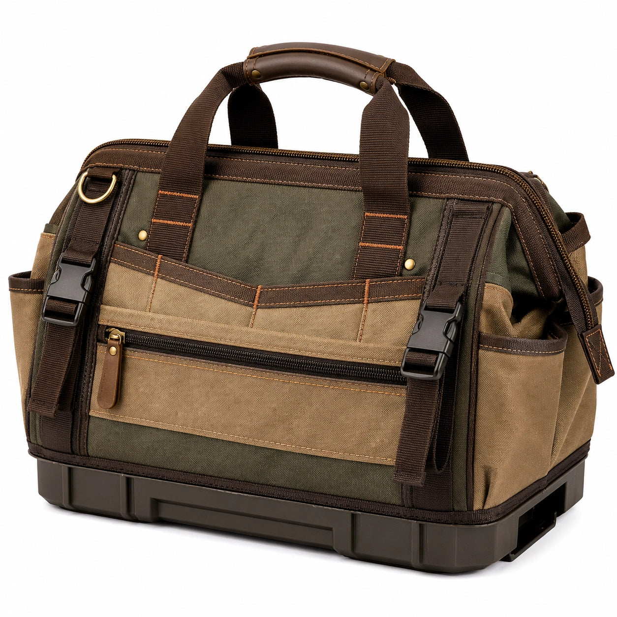 Sac à outils robuste avec poches multiples, vert et marron