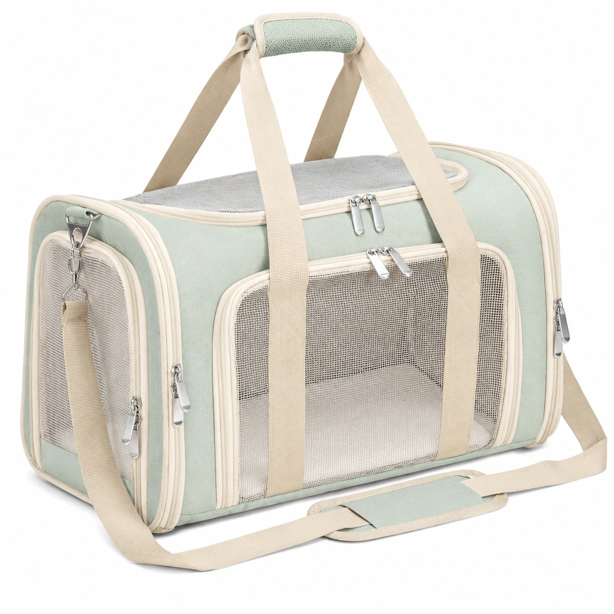 Sac de transport pour animaux vert et beige avec maille