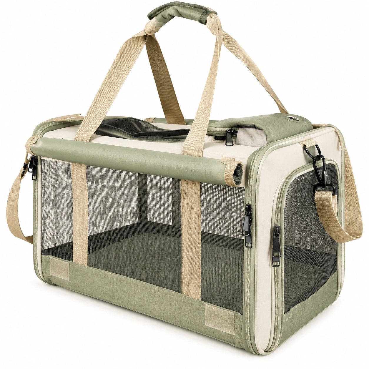 Sac de Transport Pliable pour Animaux avec Fenêtres en Maille Vert/Beige
