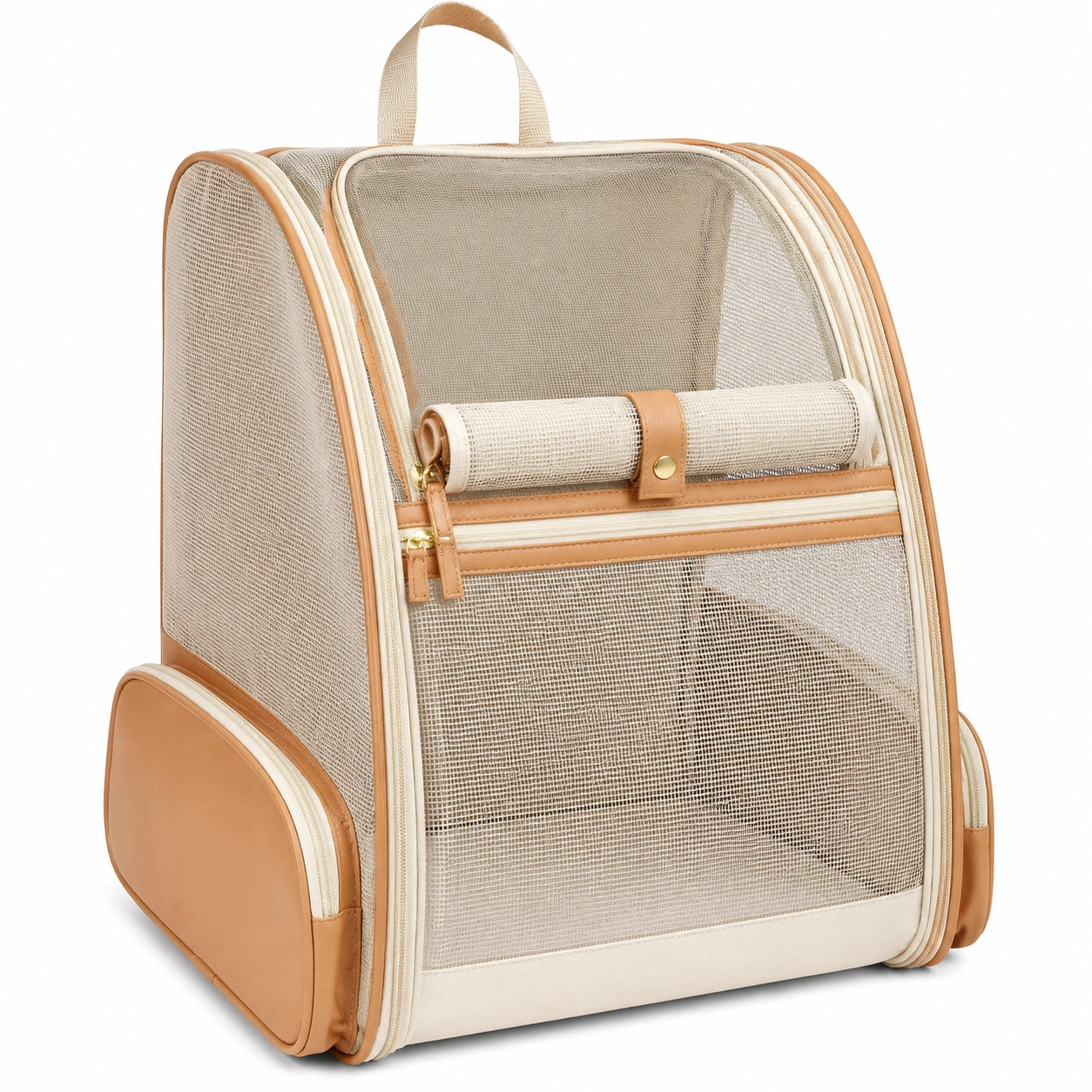 Sac à dos transporteur pour animaux beige et marron avec ventilation optimale