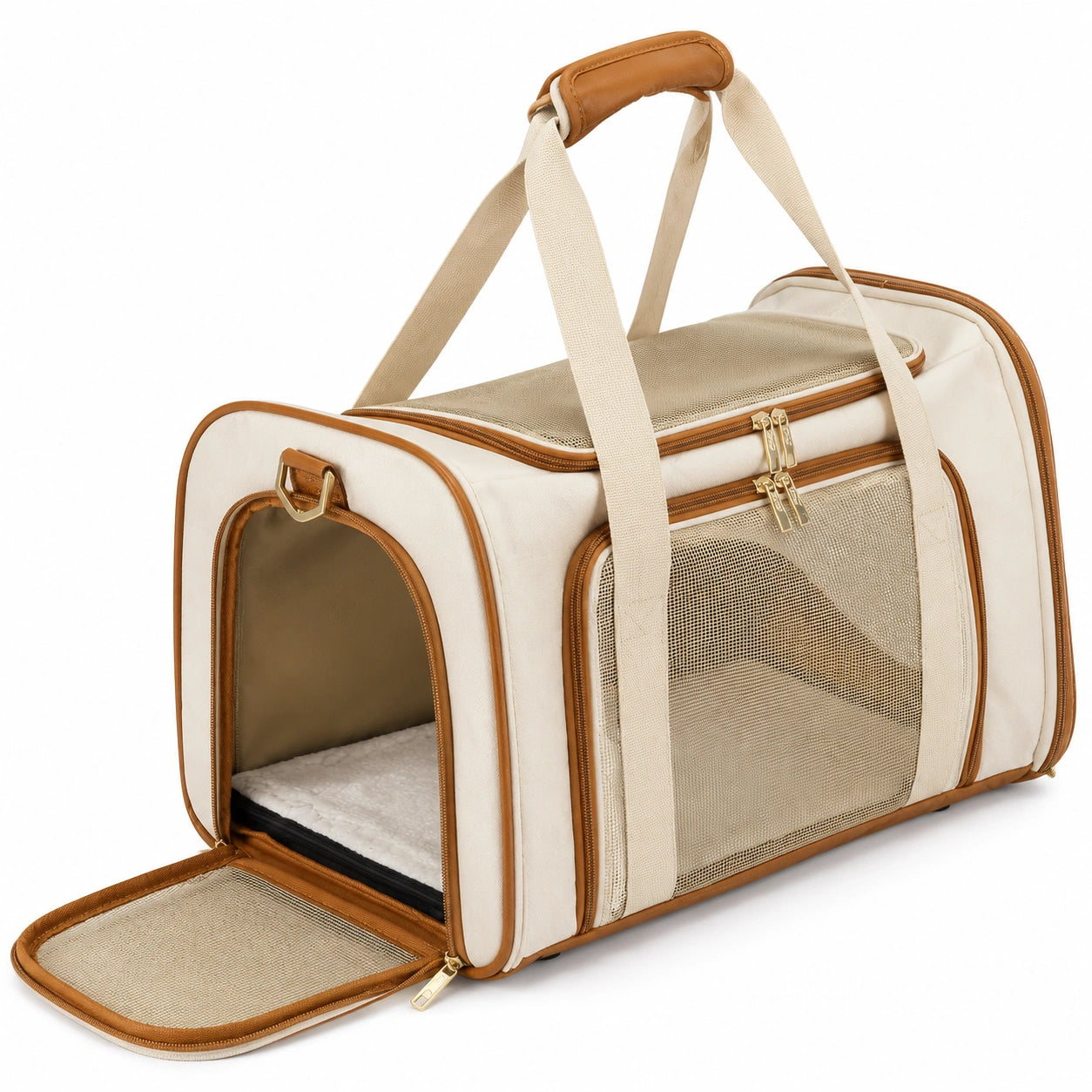 Sac de transport beige et marron pour animaux avec maille aérée
