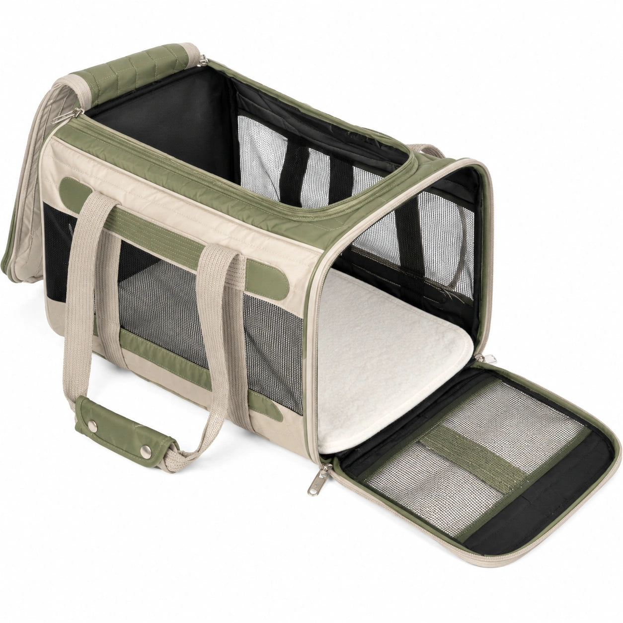 Sac de transport pour animaux beige et vert avec panneaux en maille