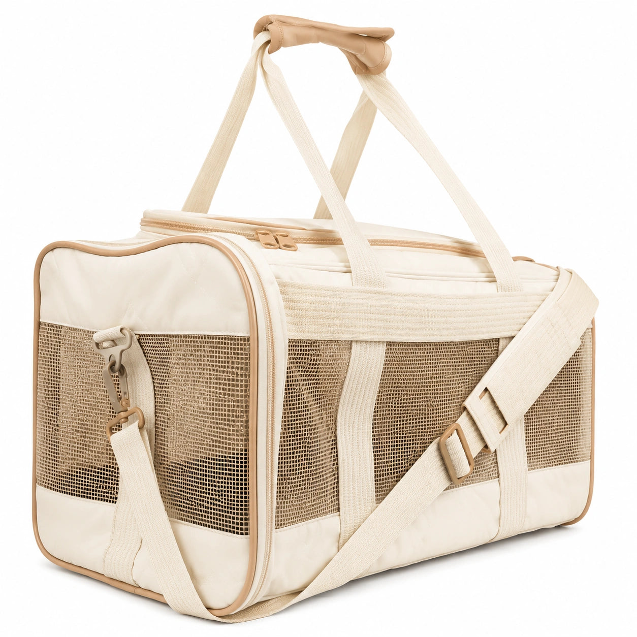 Sac de transport pour animaux beige avec ventilation en maille
