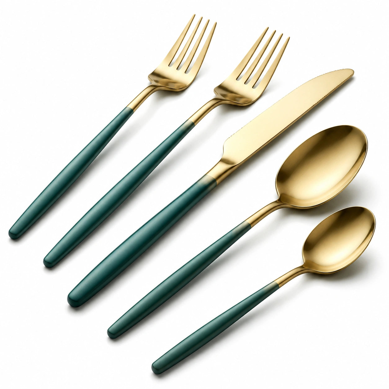 Ensemble de Couverts Élégant 5 Pièces Vert et Doré