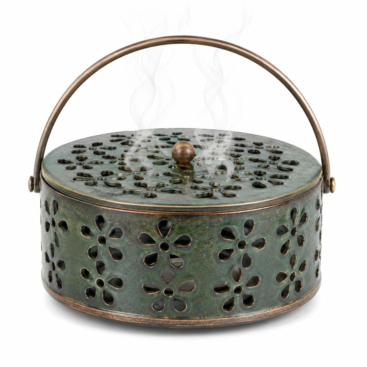 Brûleur d'encens en métal ajouré motif floral vert bronze
