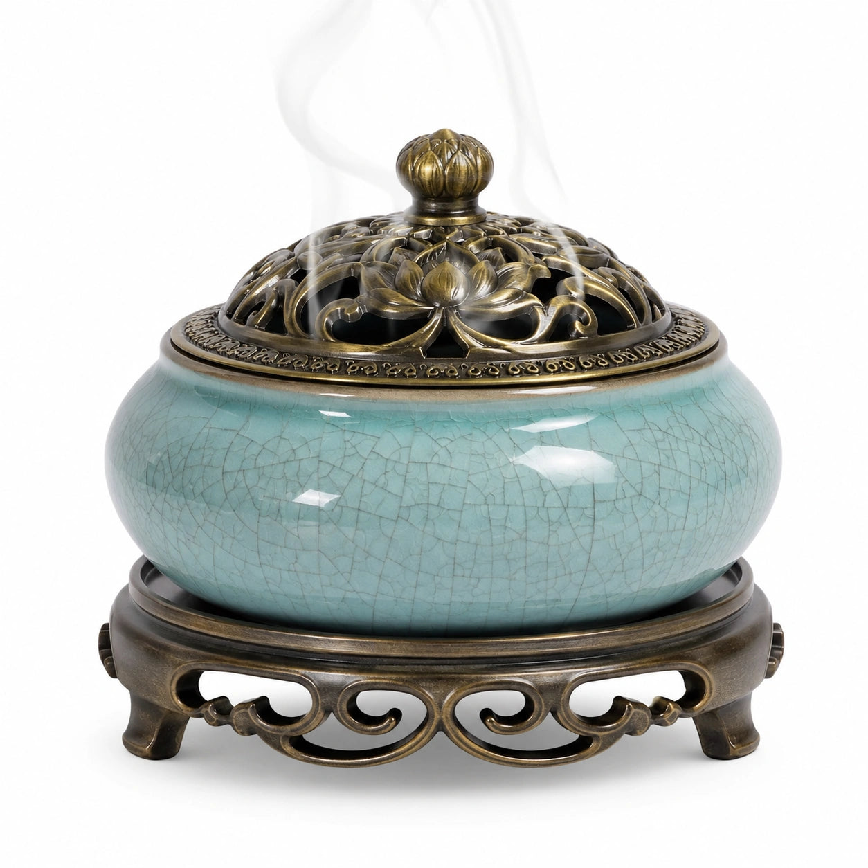 Brûleur d'encens en céramique turquoise avec couvercle en lotus