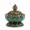 Brûleur d'encens lotus en bronze et vert avec détails floraux