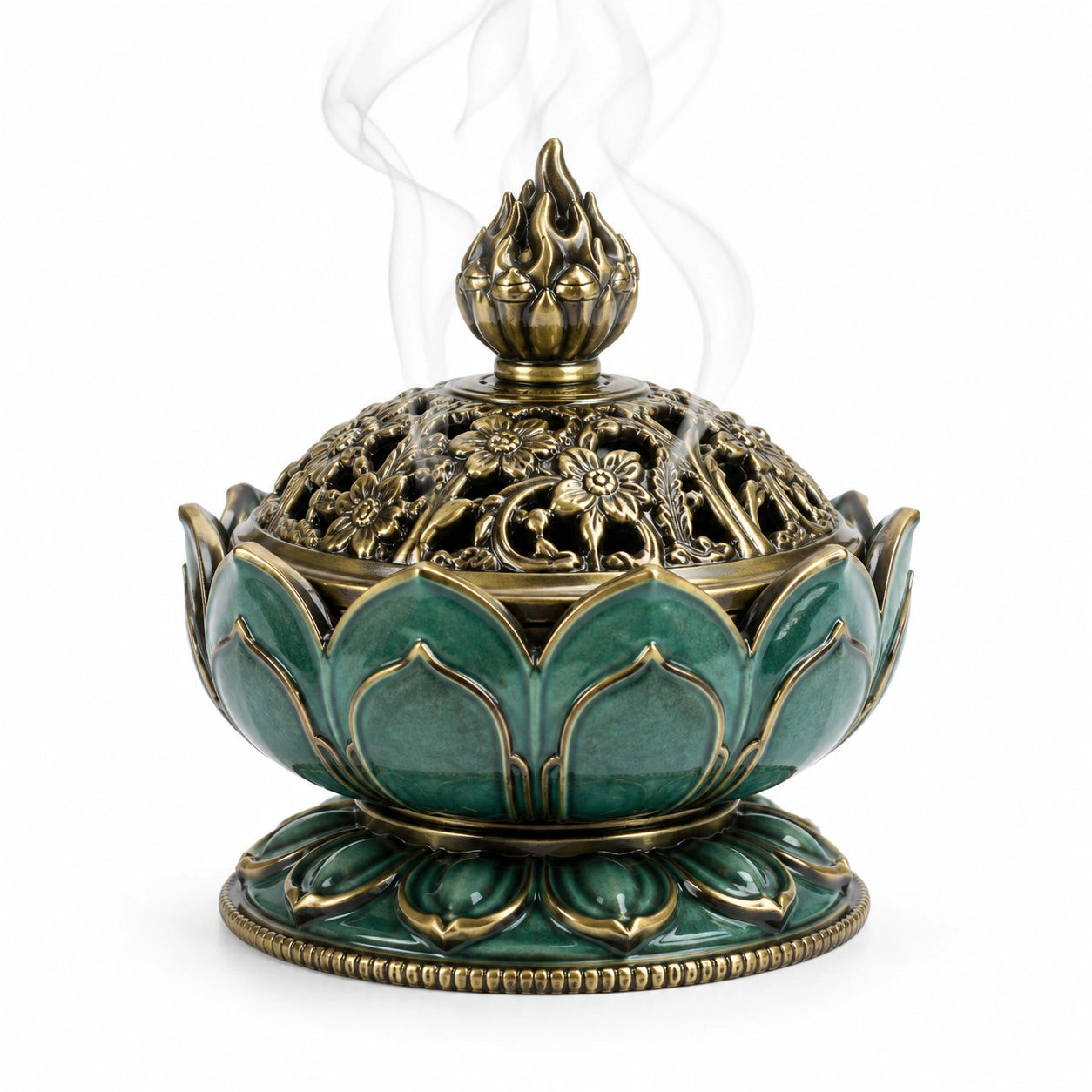 Brûleur d'encens lotus en bronze et vert avec détails floraux