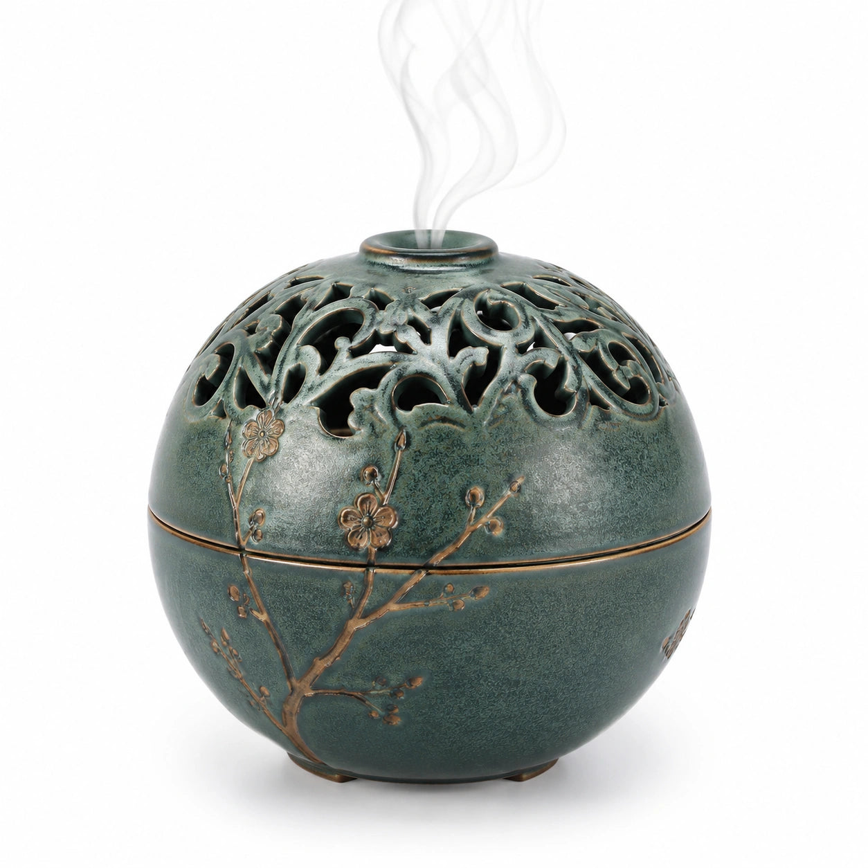 Brûleur d'encens sphérique vert avec motifs floraux ajourés