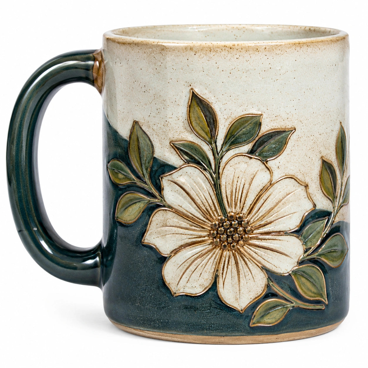 Mug en céramique avec motif floral en relief - Vert/Beige 350ml