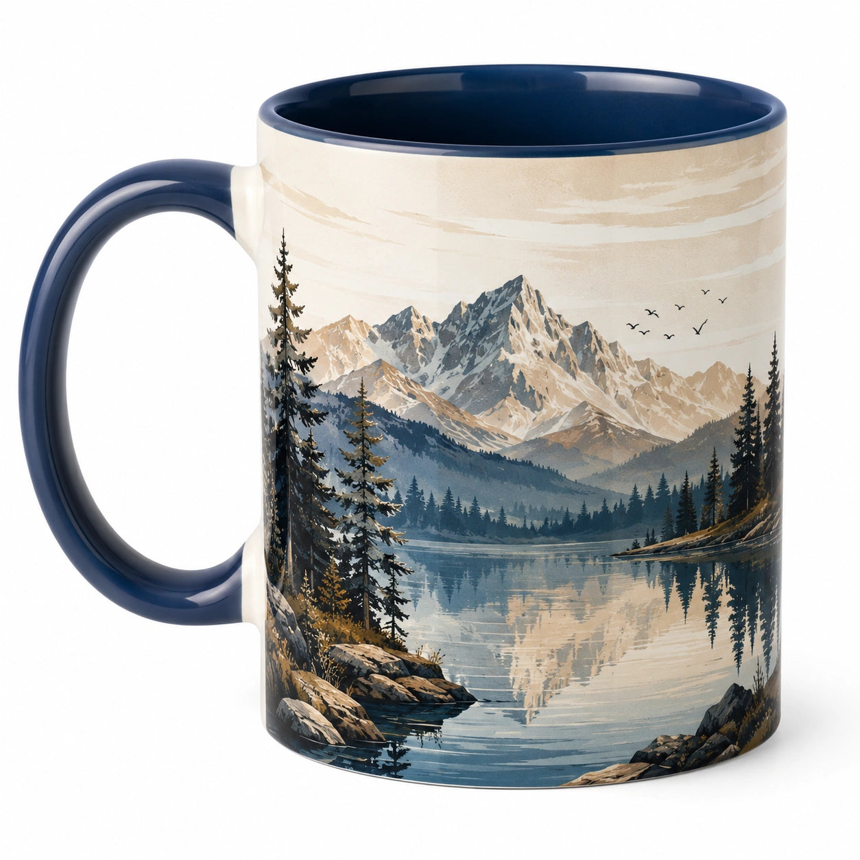 Tasse en céramique décorative avec paysage de montagne et lac - Bleu et Beige
