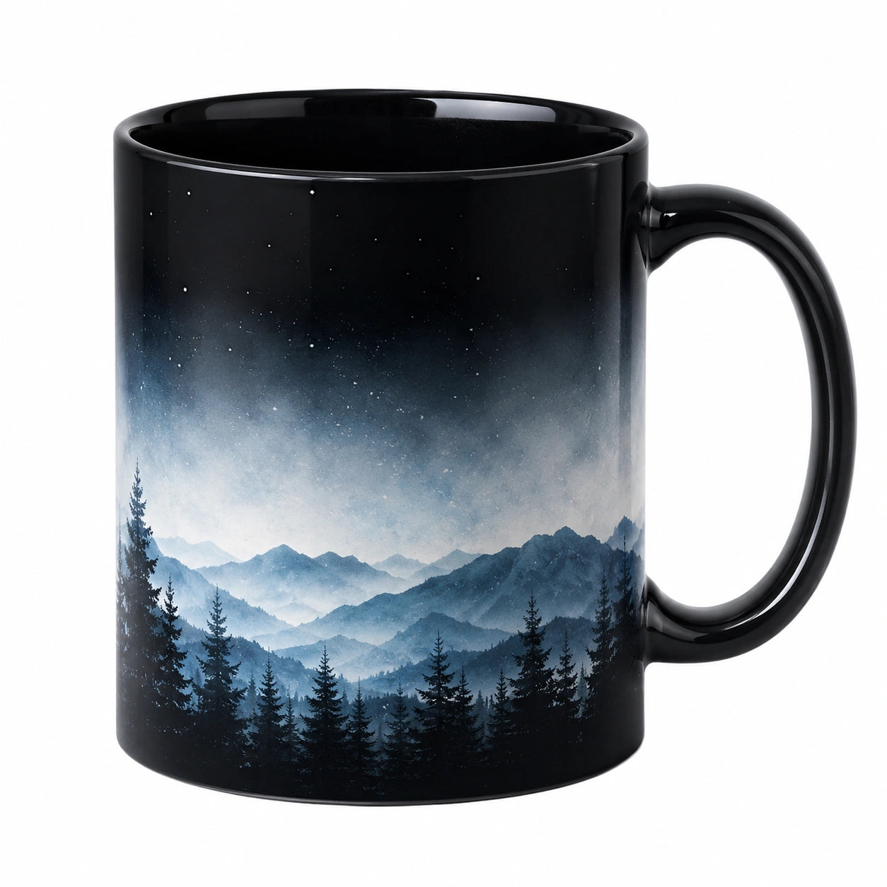 Mug en céramique noire motif forêt montagne 350ml