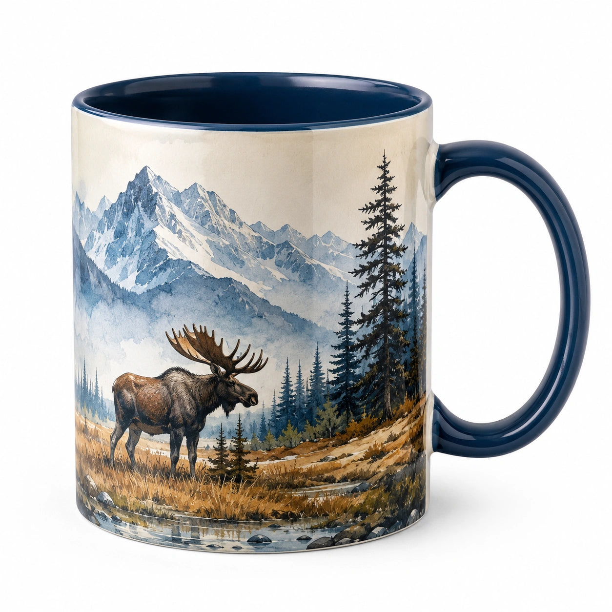 Tasse en céramique motif élan paysage montagne 350ml intérieur bleu