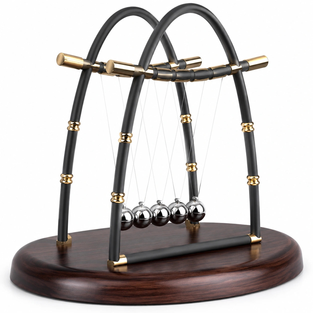 Pendule de Newton avec base en bois - Noir et Or