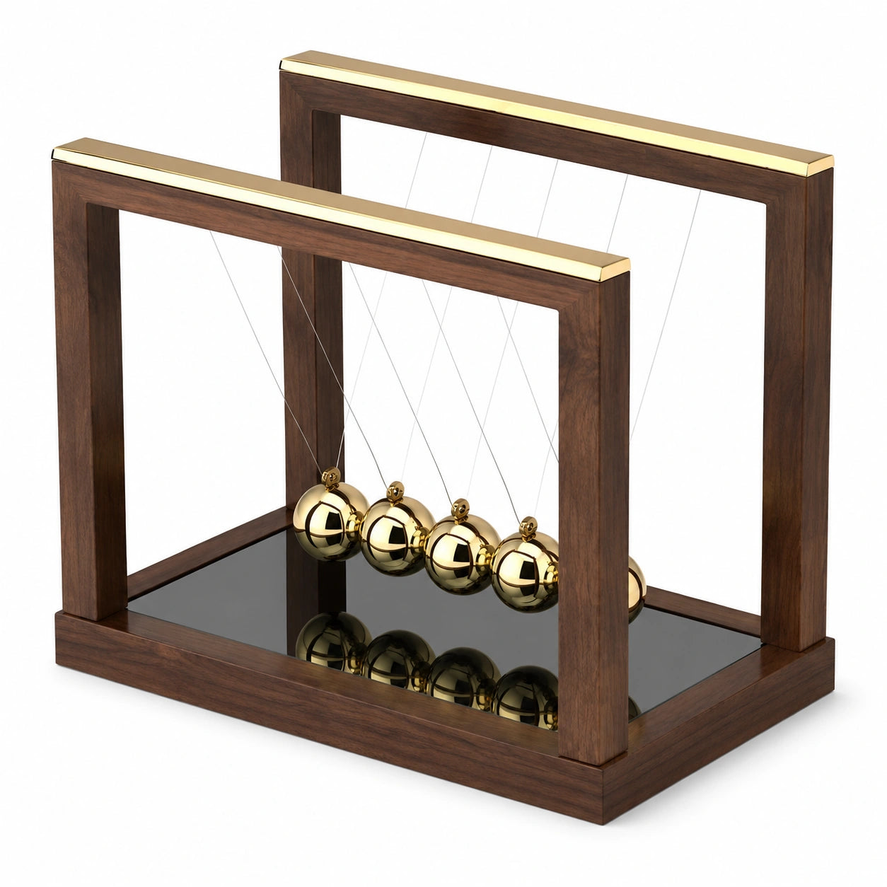Pendule de Newton brun et doré en bois et métal doré