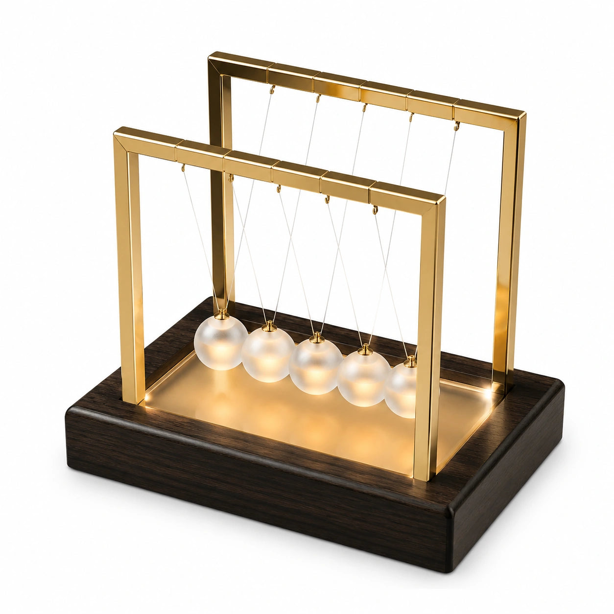 Pendule de Newton Éclairé Décoratif en Métal Doré avec Base en Bois