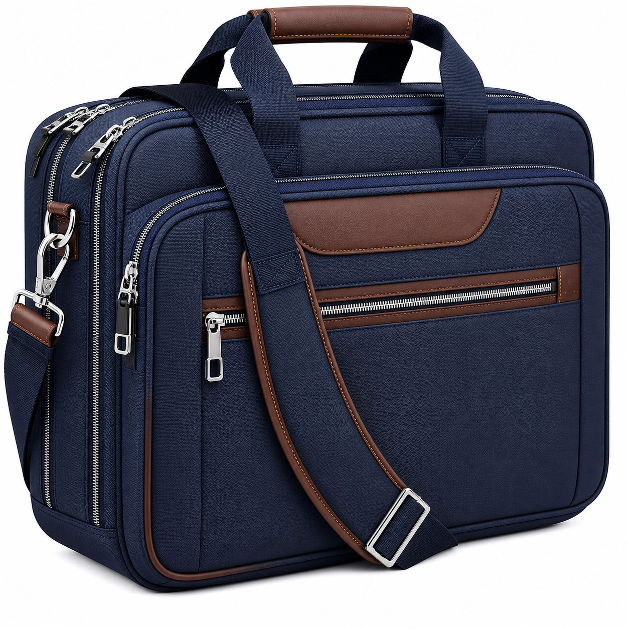 Sacoche ordinateur bleu marine et marron avec bandoulière ajustable